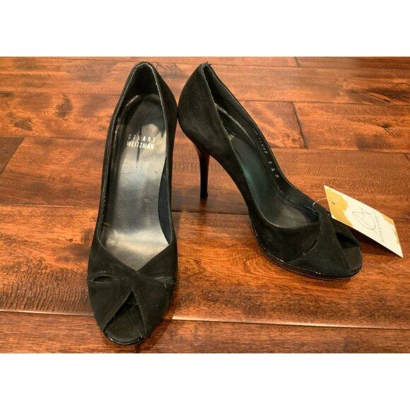 Stuart Weitzman Black Suede Peep Toe Stiletto Heels, Size 5.5 US - Picture 1 of 9